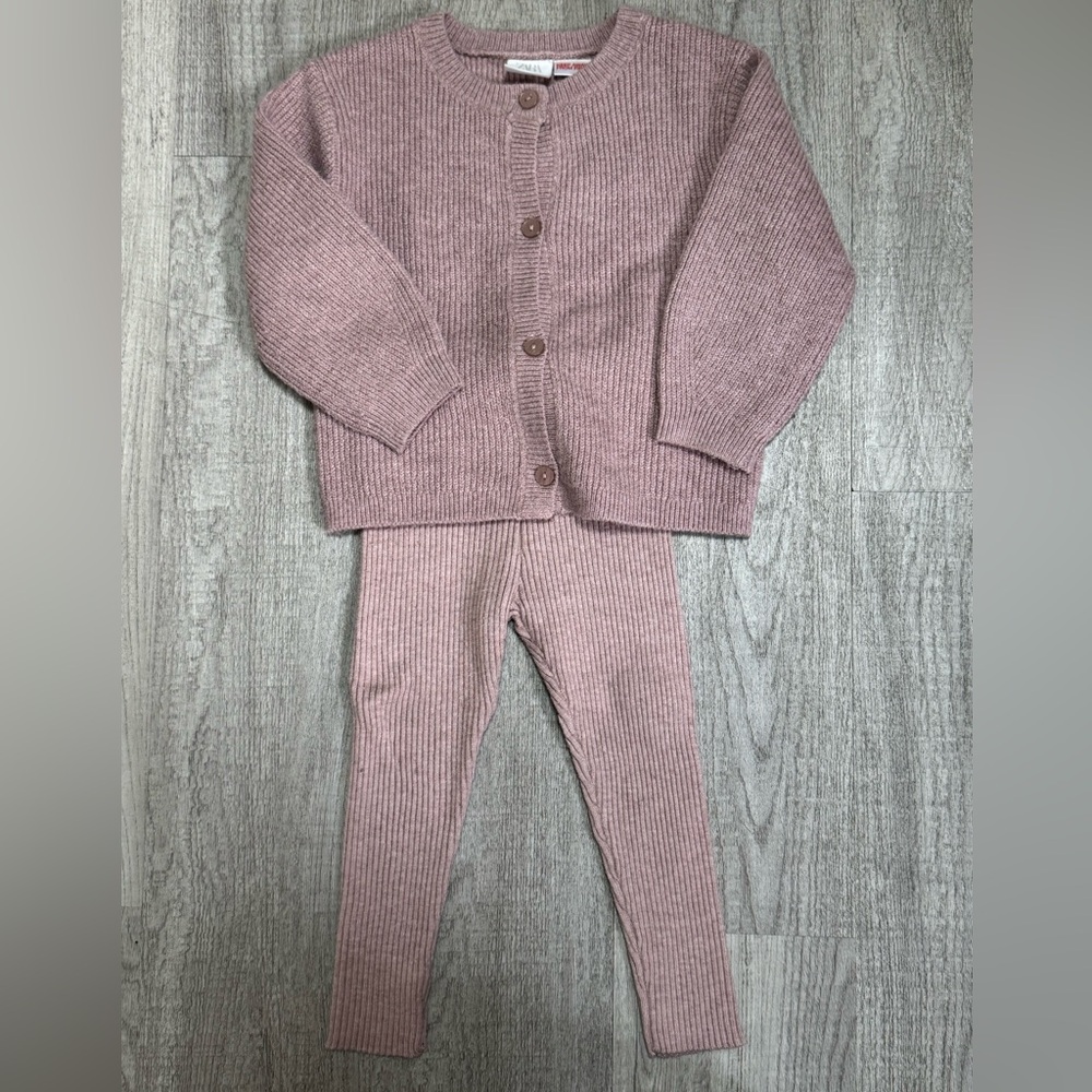 Zara Knit Set Toddler 2T Pink Cardigan + Leggings Ribbed Matching Outfit